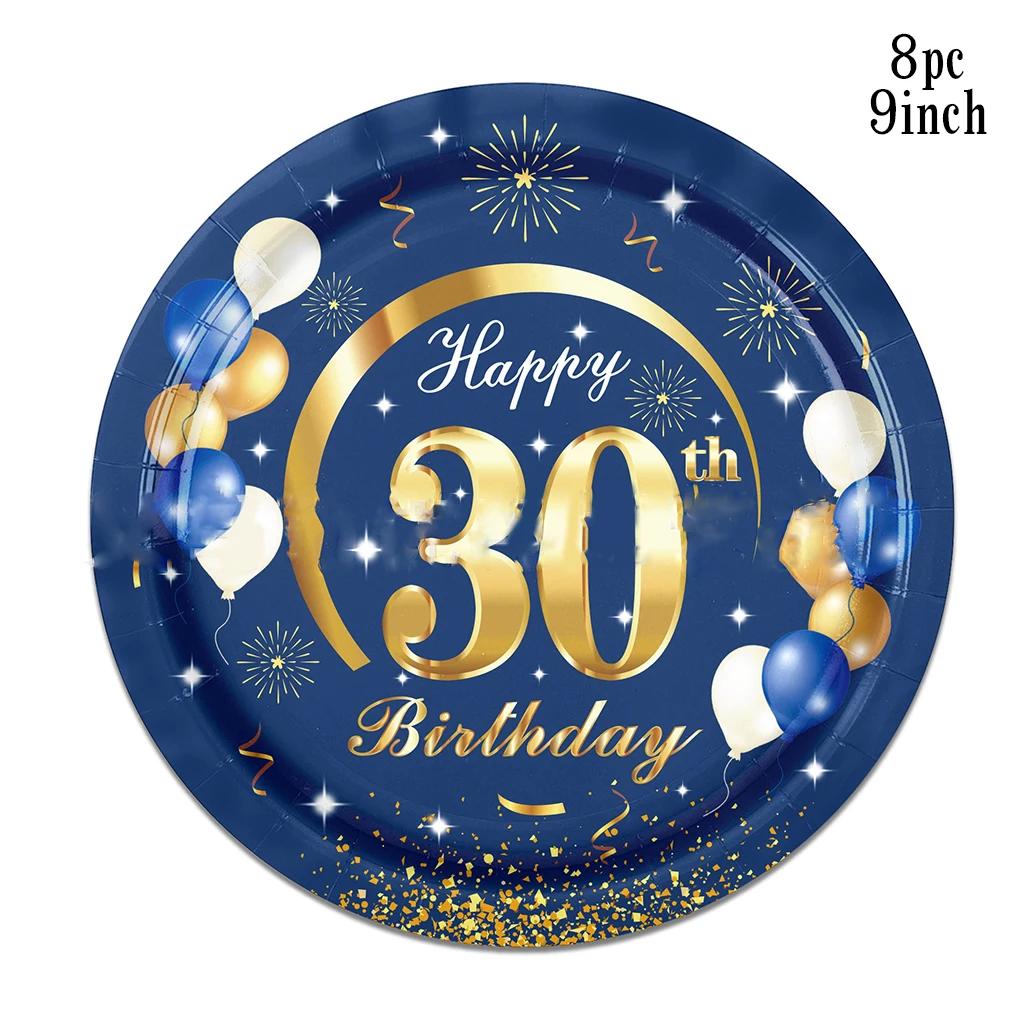 Blue Gold 30th Birthday Party Disposable Tableware 30 Year Old Balloon Birthday Paper Plate Napkin 30 Years Old Birthday Decor