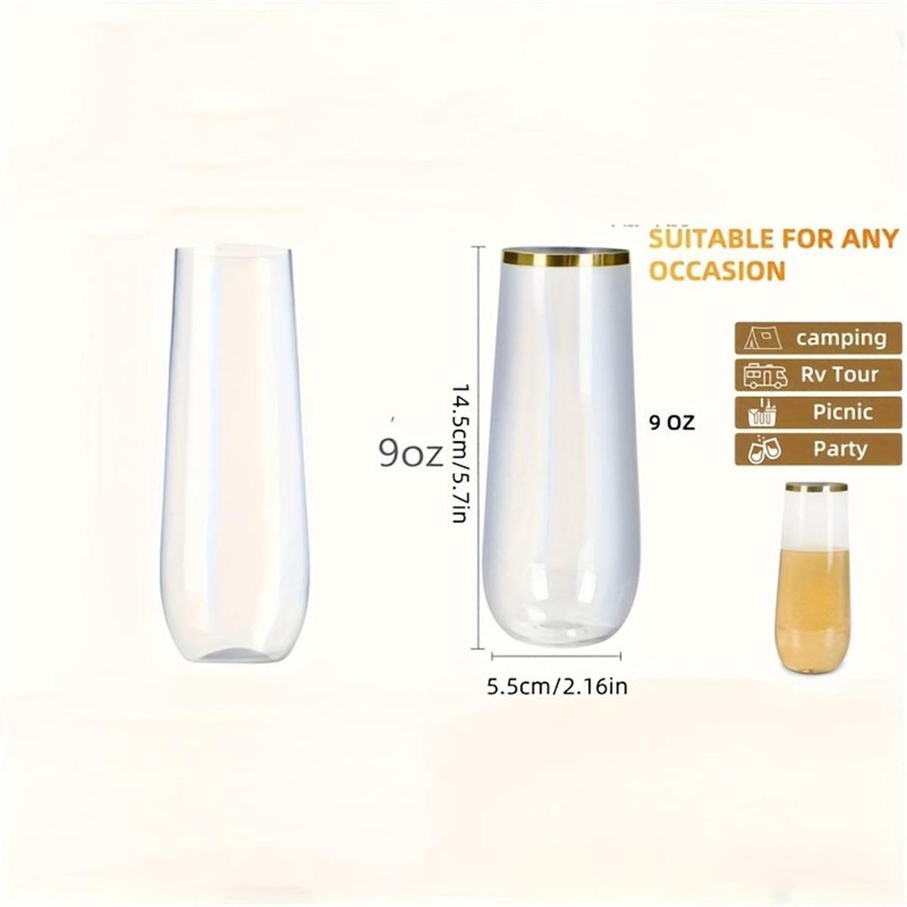 9oz PET Gold Rim Disposable Plastic Wine Glass - Creative Champagne & Red Wine High Stem Glass