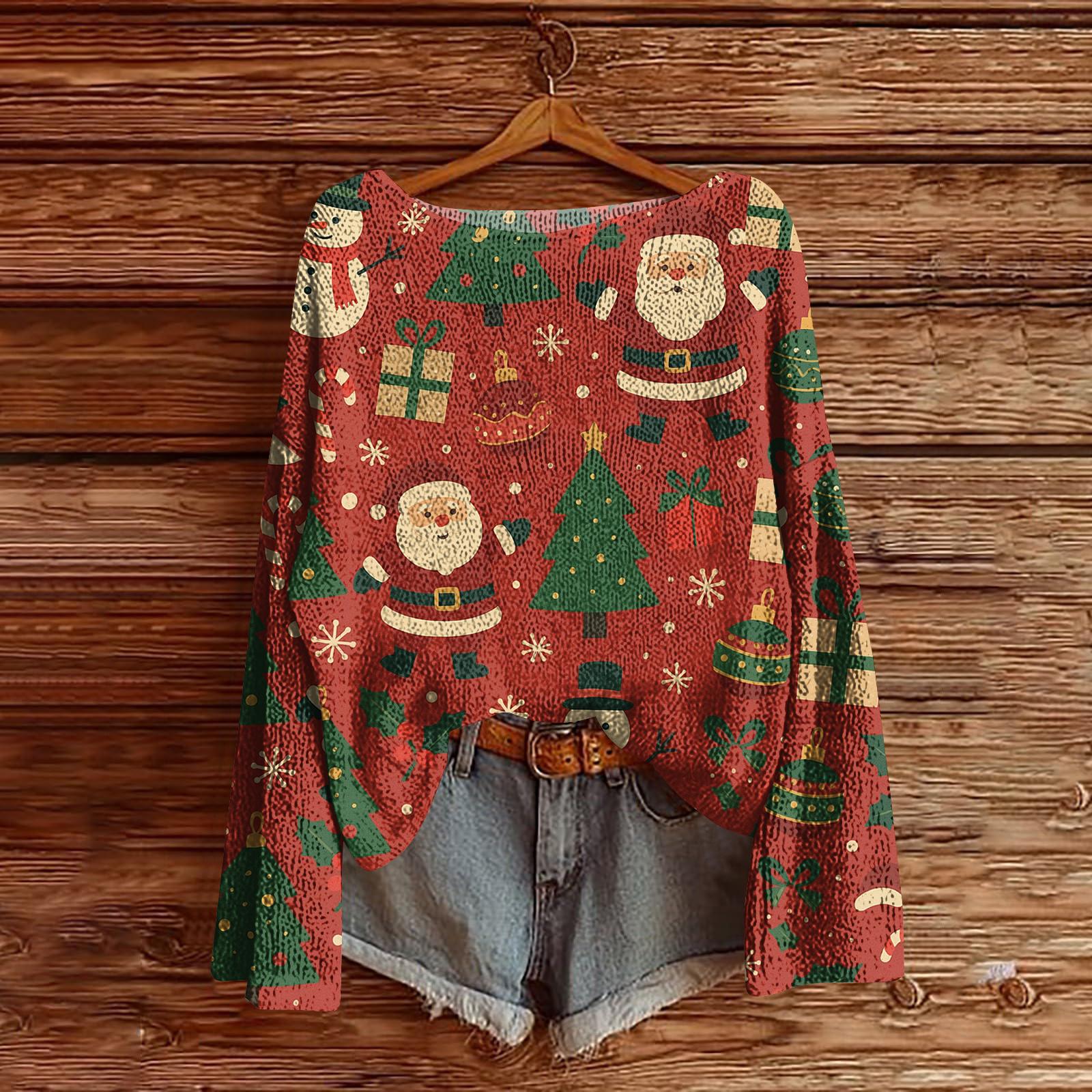 

Женский легкий свитер с рождественским принтом, повседневный вязаный пуловер с длинным рукавом S