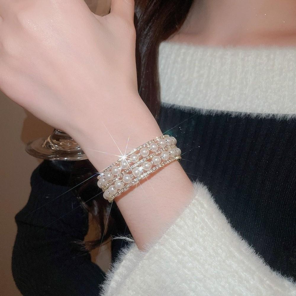 Elegant Crystal Imitation Pearl Bracelet Fashion Stretchable Pearl Cuff  Wedding