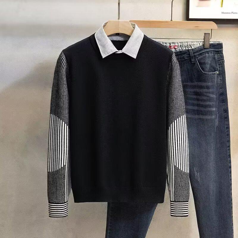 Men's Stylish Knit Sweater: Spring & Autumn, Fake Two-Piece, Casual Japanese Trend