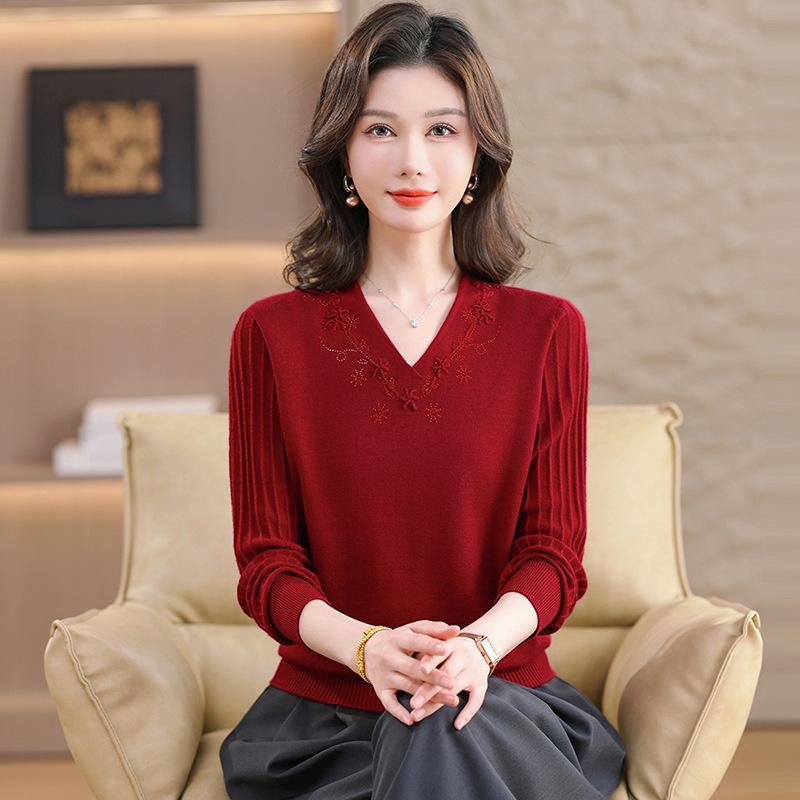 Year of the Rat Women's Red V-neck Jacquard Sweater - Spring/Autumn Pullover