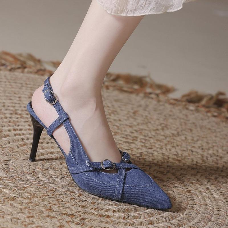 Denim Wrapped Sandals Women's Pointed Toe Shallow Mouth One Strap Anti-Slip Wear-Resistant High Heels