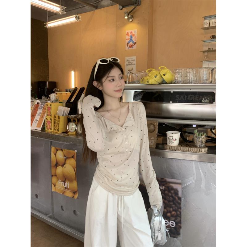 Spring/Summer Korean Polka Dot Sheer Slim-Fit Long Sleeve T-Shirt for Women