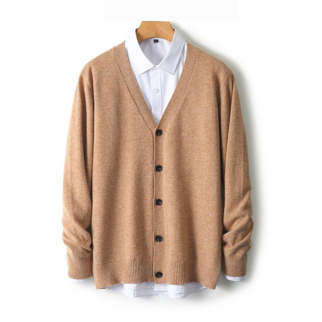 Men's V-neck Wool Cardigan: Autumn/Winter Business Casual Solid Color Long Sleeve, Warm Loose Knit Outerwear.