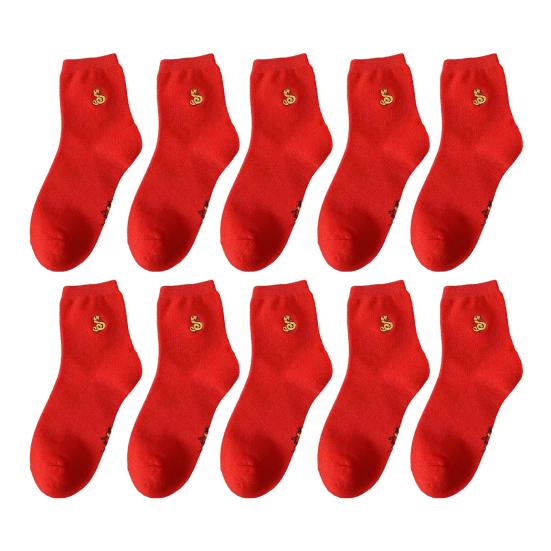 10 par Unisex Nyttår Røde Sokker Kinesisk Broderi Mellomlange Elastiske Sklisikre Velstand Lykke Symbol Svetteabsorberende Feiringssokker