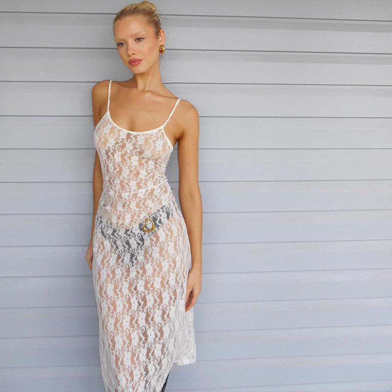European & American Style Lace See-Through Backless Suspender Dress