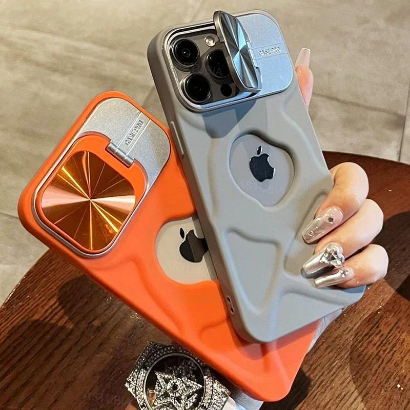 Luksusowe etui z klapką na obiektyw z otworem na logo dla iPhone 13 15 14 11 12 Pro Max 15 Plus Magsafe Silikonowe Miękkie Niewidoczne Etui ze stojakiem