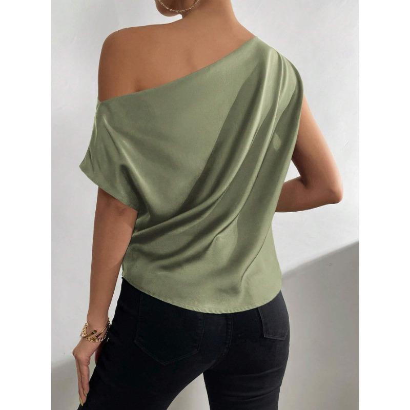 VEZFAA Women's Fashion Casual Summer Spring Solid Color Print Sleeveless Oblique Collar Blouses & Shirts