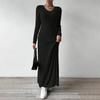 Damen Herbst Pulloverkleid Langarm V-Ausschnitt Rippstrick Maxikleid Tunika Winter A-Linie Langes Schwingkleid