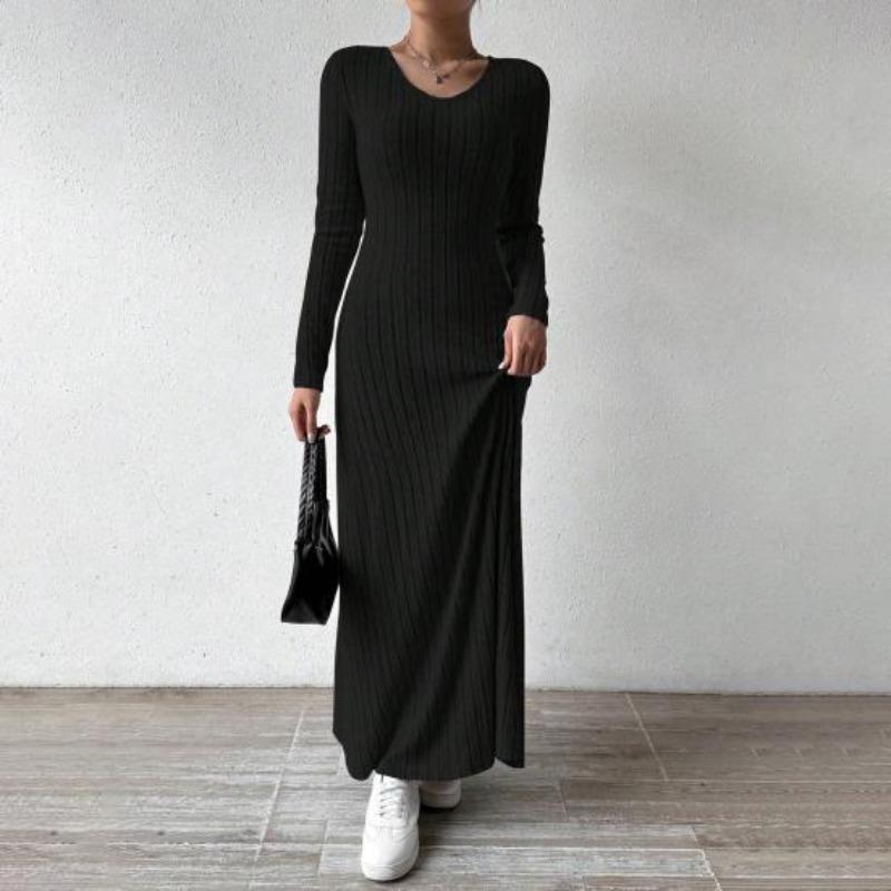 Damen Herbst Pulloverkleid Langarm V-Ausschnitt Rippstrick Maxikleid Tunika Winter A-Linie Langes Schwingkleid