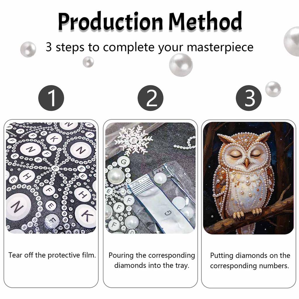 Sparkling Pearl Painting on Stretched Frame Sleeping Owl at Night DIY Bead Art Canvas Relaxing Hobby Gift for Craft Lovers Home Decor