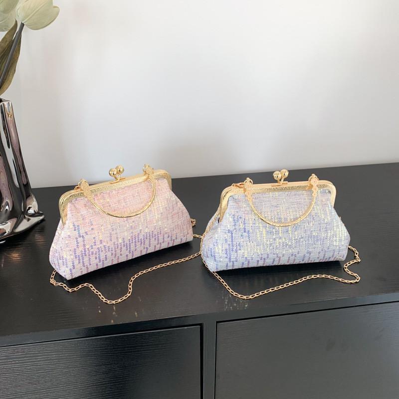Stylish 2023 Spring New Korean Vintage Sequin Evening Handbag In Pink Purple White