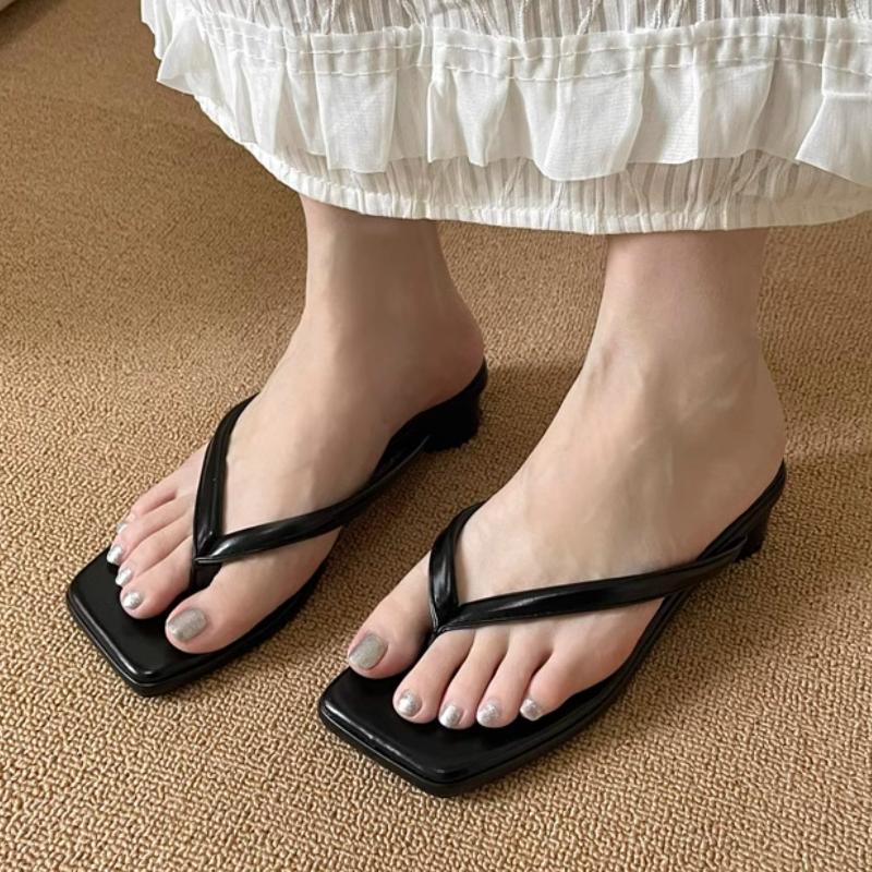 

Fashion Toe Clip Women Flip Flops 2025 Summer New Fashion Casual Square Head Thick Heel Non-slip Beach Shoes Slippers for Women 35 чёрный