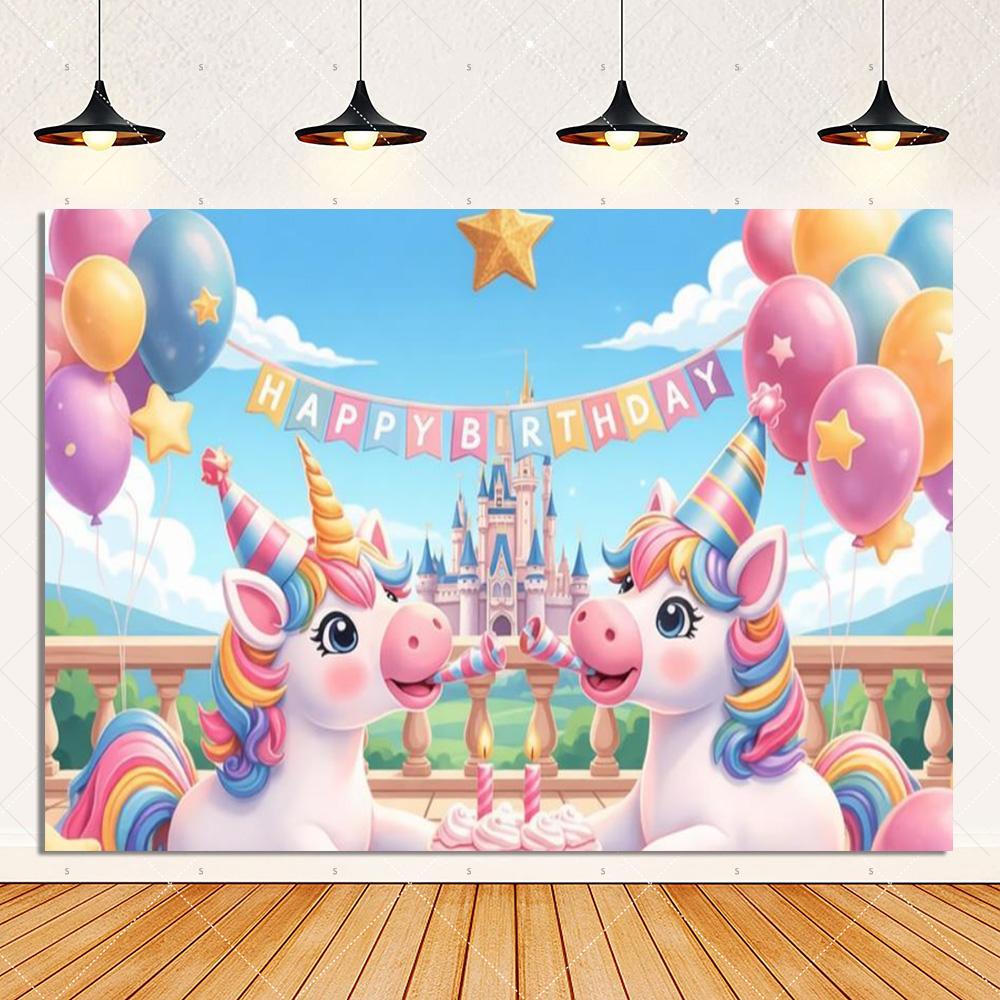 Unicorn birthday party decorations, rainbow castle backdrop, balloons, cake, photo booth props, gift for children2575