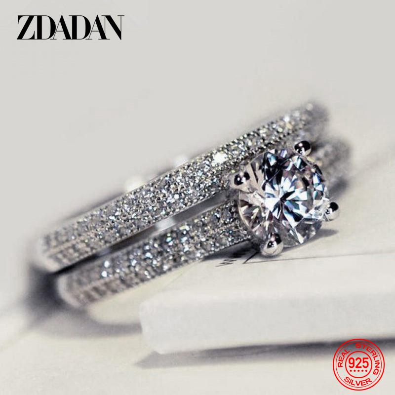 ZDADAN 925 Silver Double Zircon Rings For Women Fashion Wedding Engagement Jewelry Gift