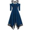Women Fashion Solid Color Punk Plus Size Lace Spaghetti Strap Long Sleeve Gothic Dress