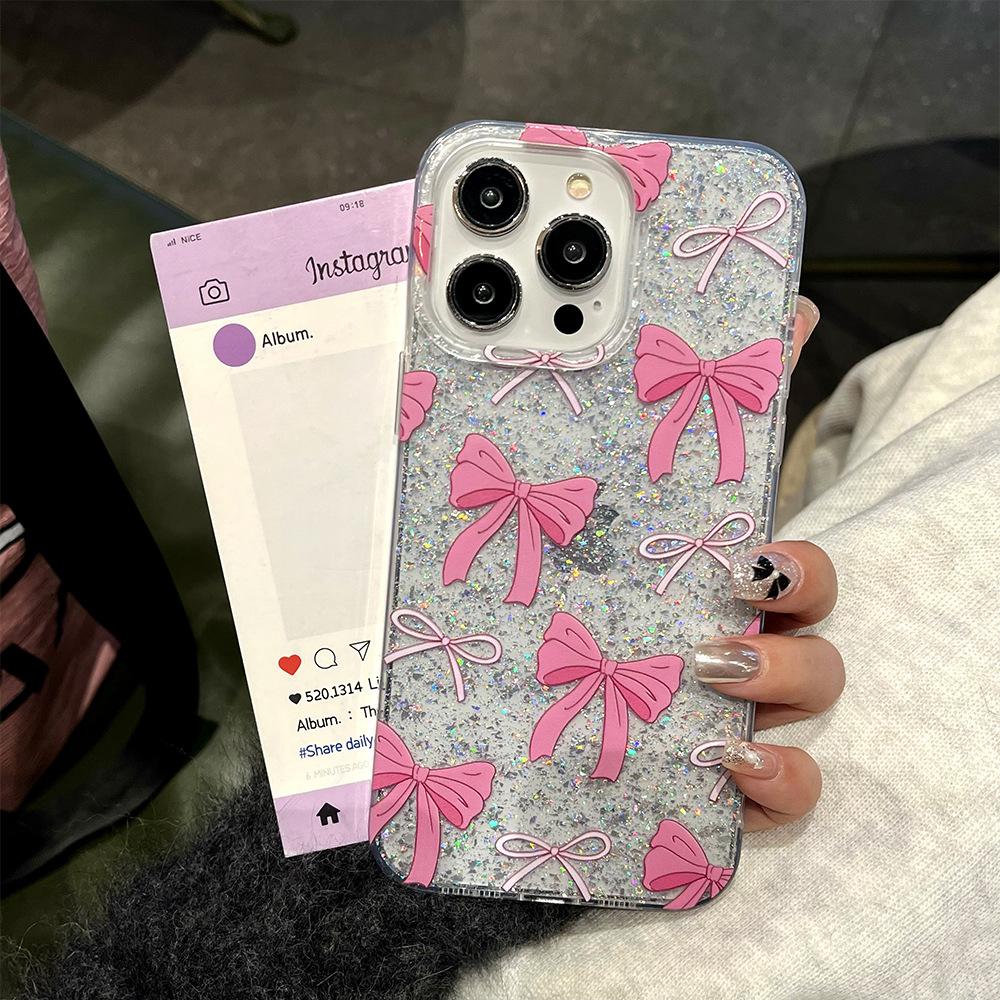 New Glitter Pink Bow Suitable for Apple 16 Mobile Phone Case for Women Iphone15pro Anti Fall 14tpu Protective Case 13