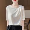 Women's Soft Tencel Round Neck Pullover: Short Sleeve, Pleated Top