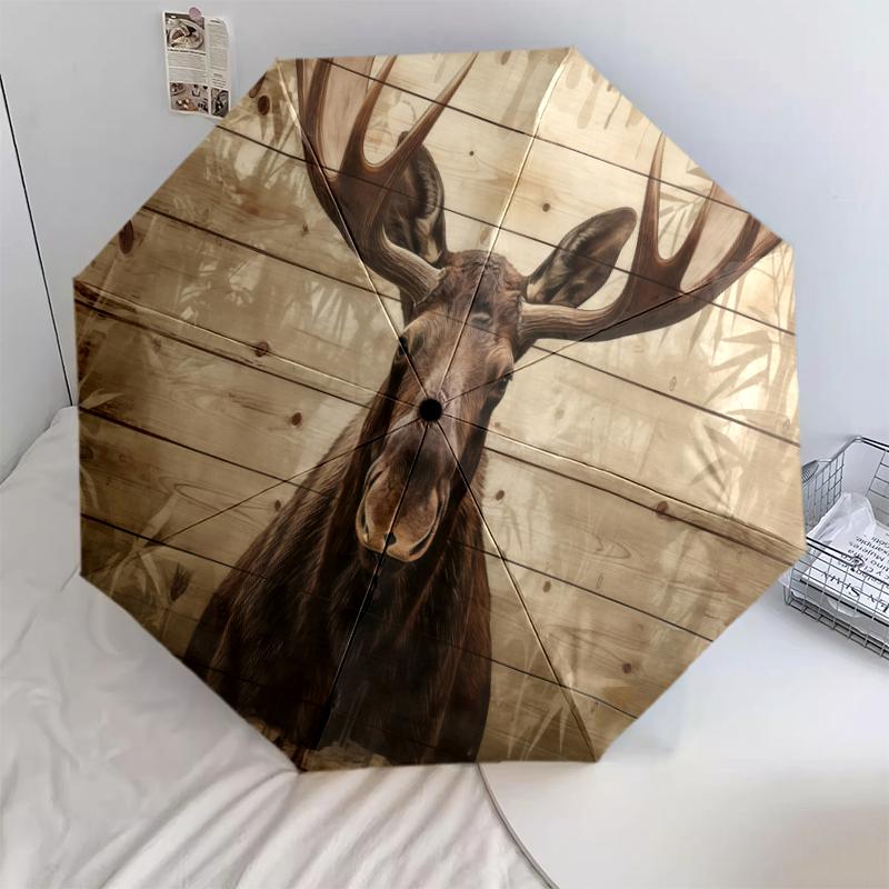 

1 PC Automatic Folding Umbrella - Forest Giant Moose Retro Style Pattern, Portable & Foldable Design with 8 Ribs, Christmas Birthday Gifts