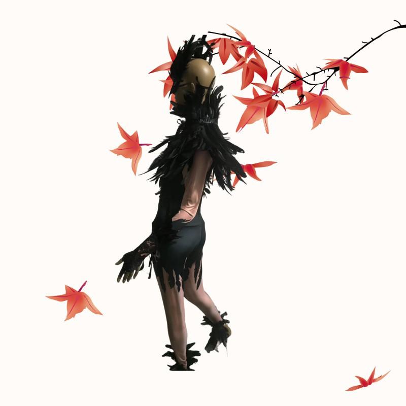 Halloween Skeleton Feather Jumpsuit Cosplay Set With Mask Gloves Wings Party