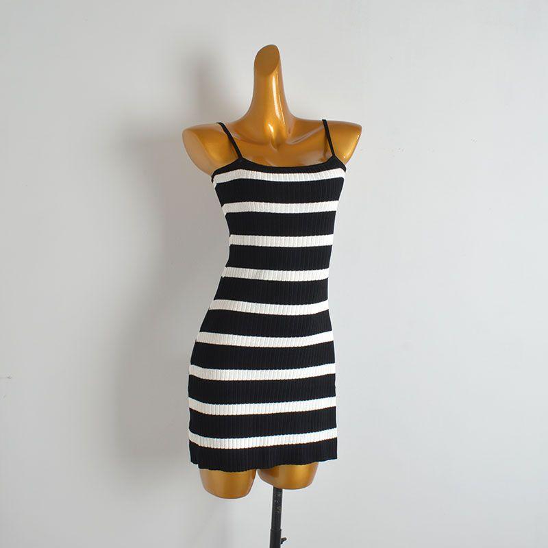 Pure Desire Style Contrast Color Stripe Cami Knitted dress Women clothes Summer Slim fit Slimming Sheath Skirt