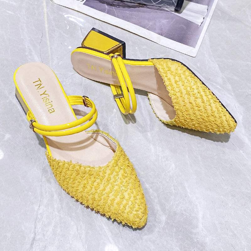 

Women s Pointed Toe Chunky Heel Sandals & Slippers - Versatile Korean Style Size 35 жовтий