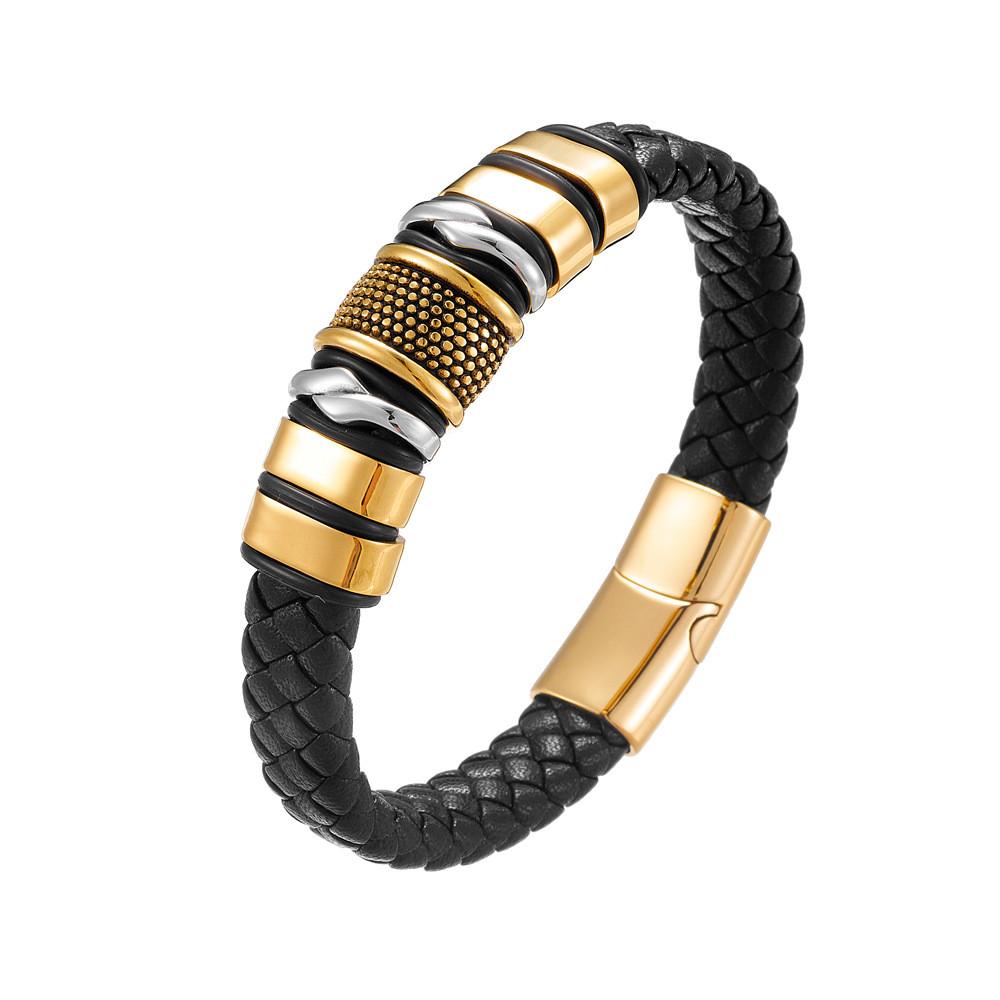 Hot Sale Woven Braided Leather Classic Stainless Steel Punk Rock Men's Leather Bracelet Design DIY Customization
