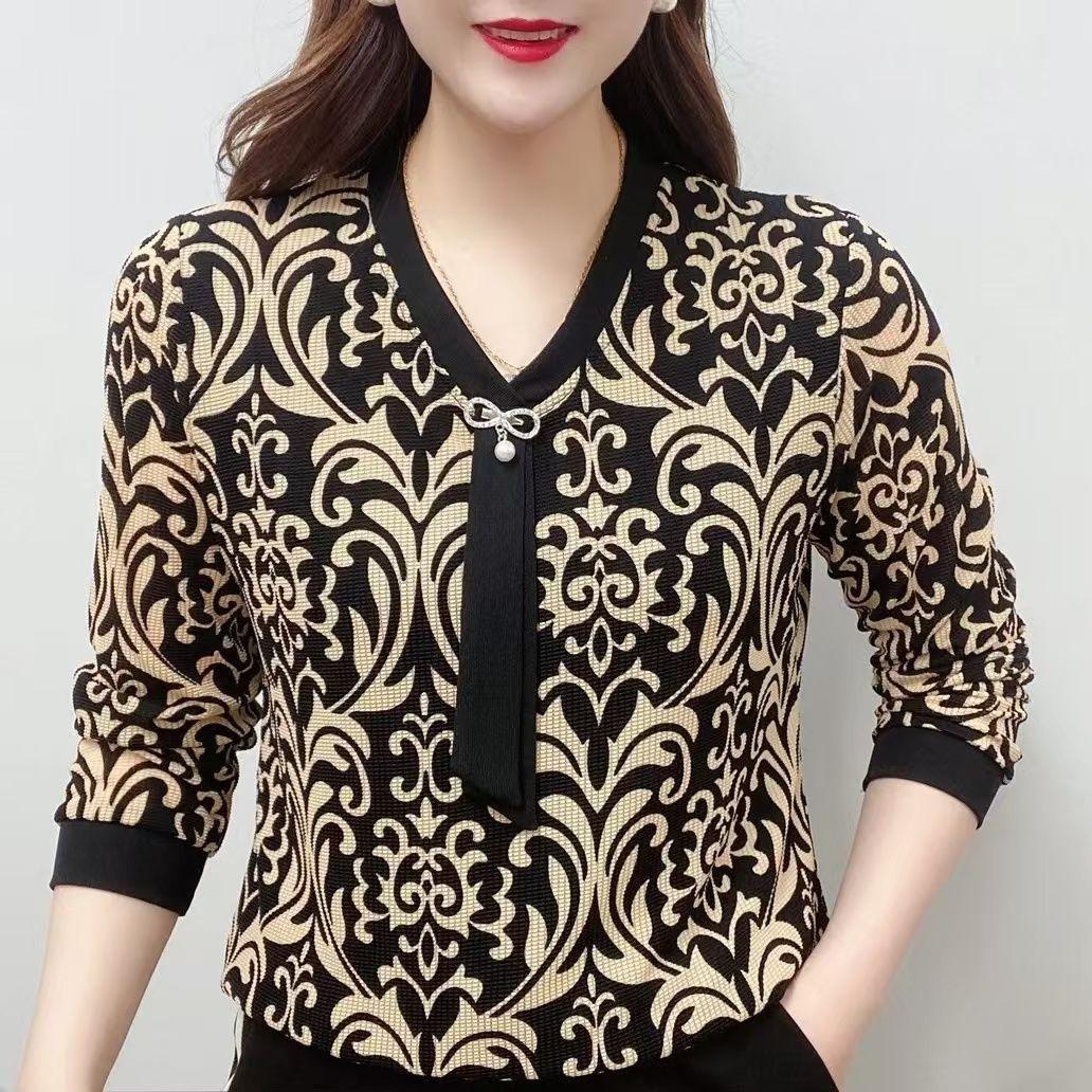 

Футболка с длинным рукавом с принтом для женщин среднего возраста, весенне-осенняя облегающая базовая футболка, модный свободный топ, стройнящий фигуру M