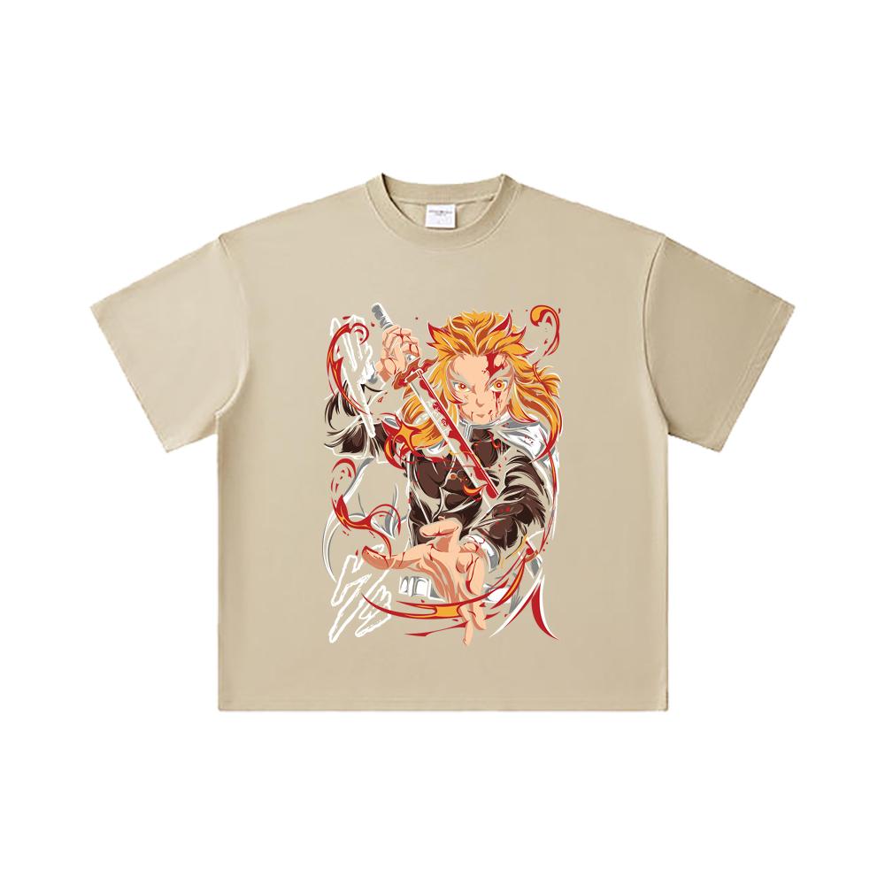 260 GSM Double Yarn 32 Count 100% Cotton Demon Slayer V85 Rengoku Print Unisex Heavy Cotton T Shirt
