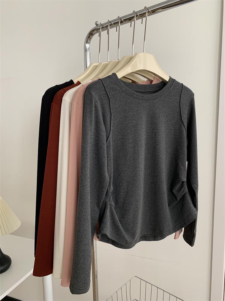 Women's Korean Style Long-Sleeve Ruched Waist Top - Round Neck, Autumn Base Layer Shirt