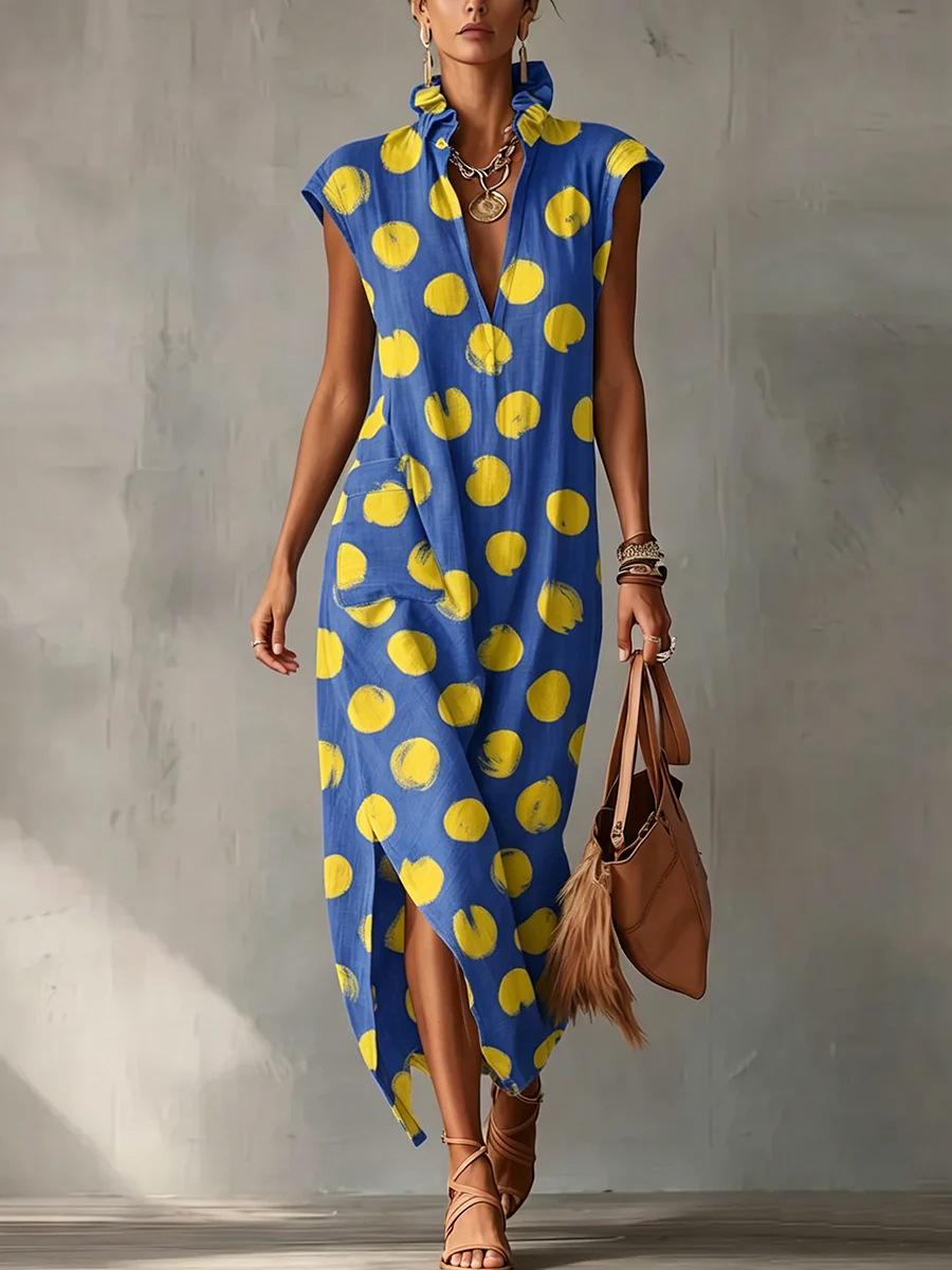 European and American fashion casual polka dot V-neck loose double pocket sleeveless dress S