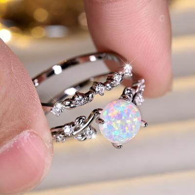 Anello di fidanzamento con foglia rotonda in opale di fuoco bianco per donna, grazioso gioiello da sposa color argento