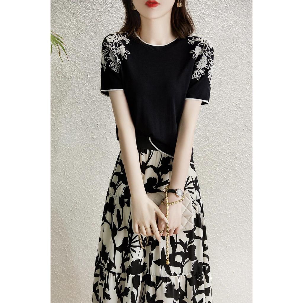 Luxury Women's Ice Silk Knitted Tops with Embroidery Detailing