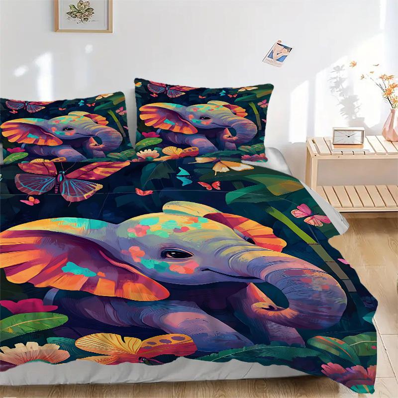 

3pcs Elephant Print Bedding Set - 1 Duvet Cover + 2 Pillowcases(Core Not Included), Machine Washable Polyester yy251216143 135x200cm