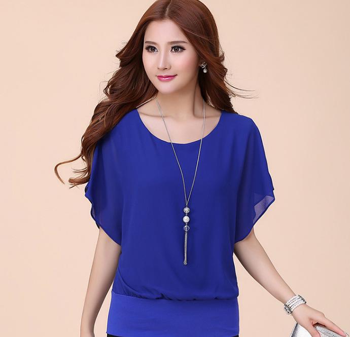 

Летняя корейская шифоновая блузка 2024: Женский топ с коротким рукавом, больших размеров, облегающий, летучая мышь 2XL синий