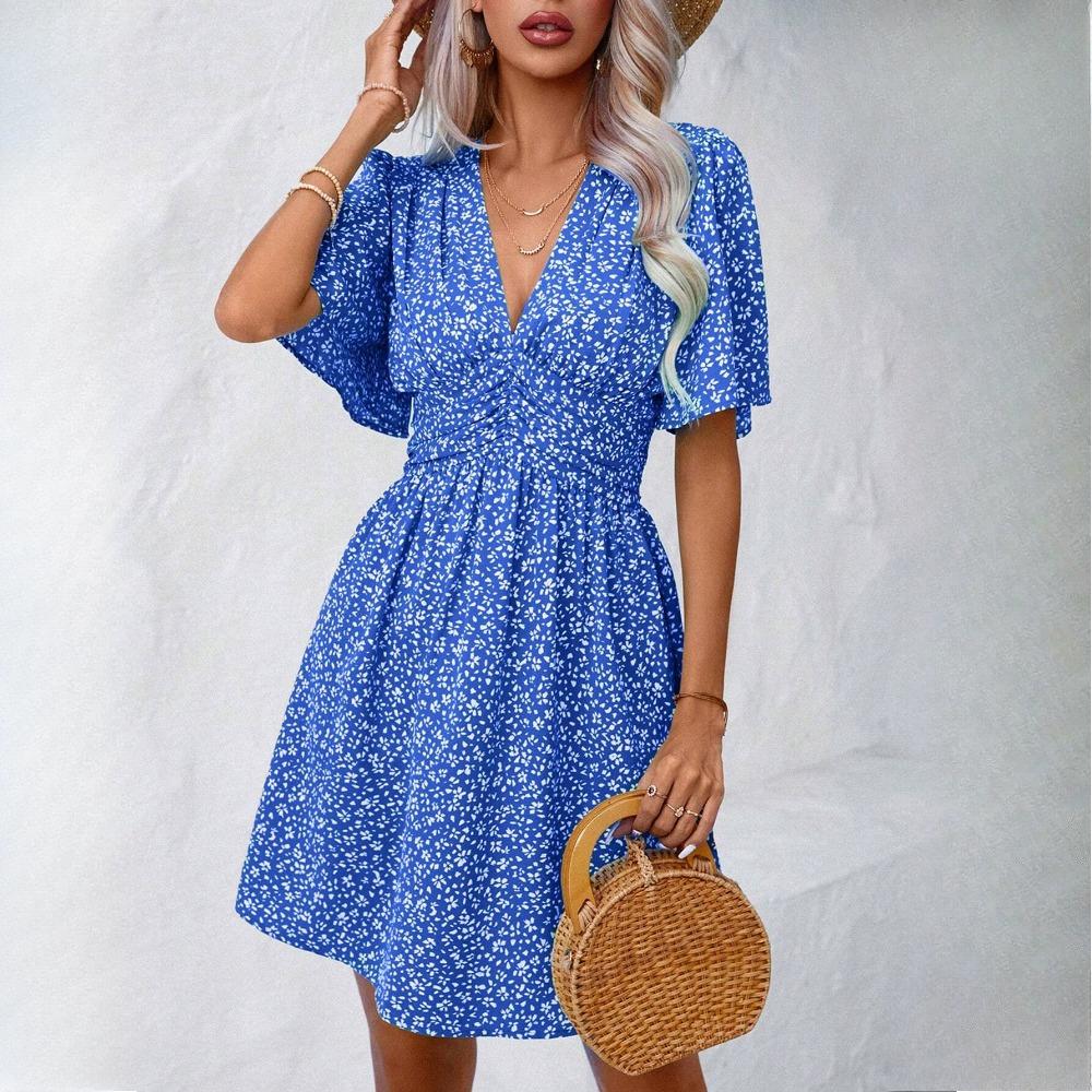 GMXIA Women's Summer V-Neck Midi Sleeve Printed High Waist Floral Pleated Dresses