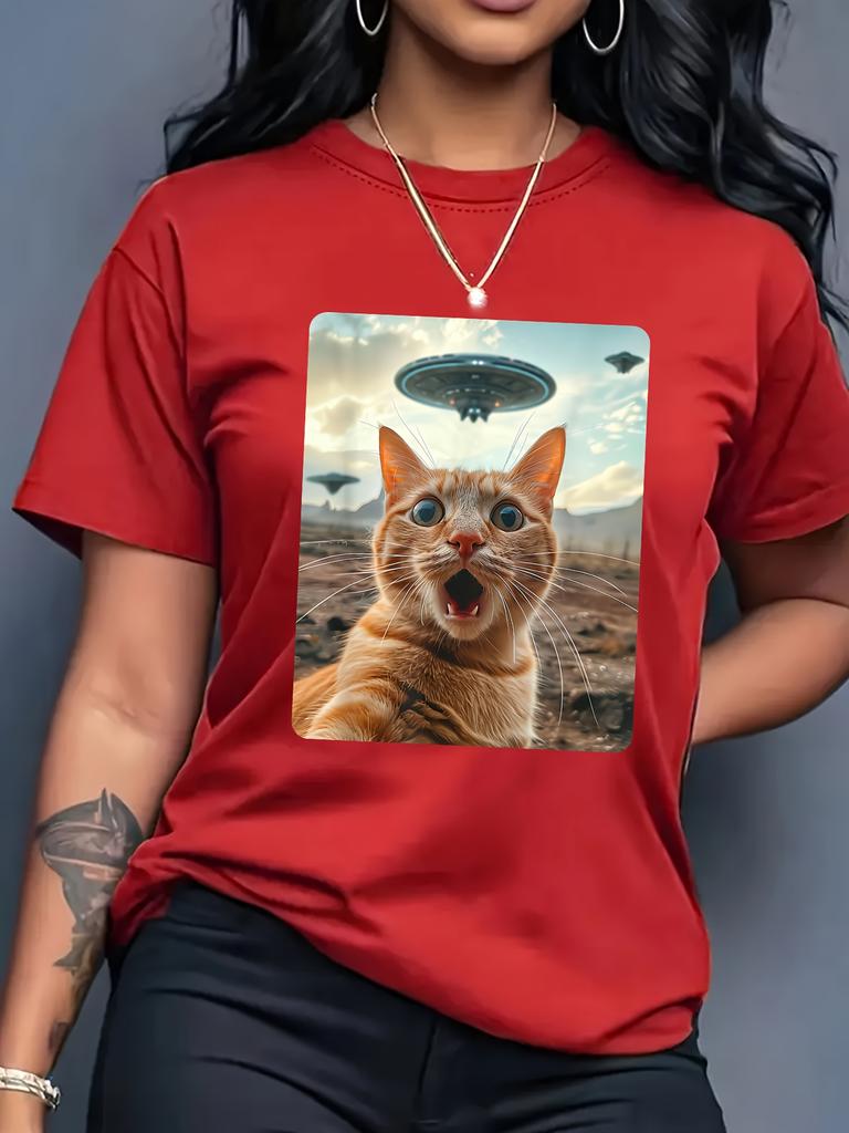 Women's UFO Cat Graphic T-Shirt - Black Short Sleeve Crew Neck Machine Washable Casual Summer & Spring Top