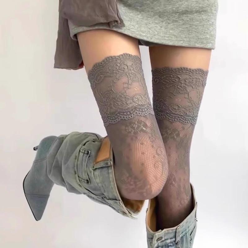 Women Sexy Lace Floral Fishnet Stockings JK Lolita Thigh High Socks Mesh Breathable Over The Knee Stockings for Ladies