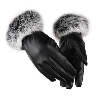 Warm Gloves for Women In Autumn and Winter  PU Leather  Rabbit Fur  Touch Screen  Outdoor Cycling  Cycling with Fleece and Thickened Winter Gloves