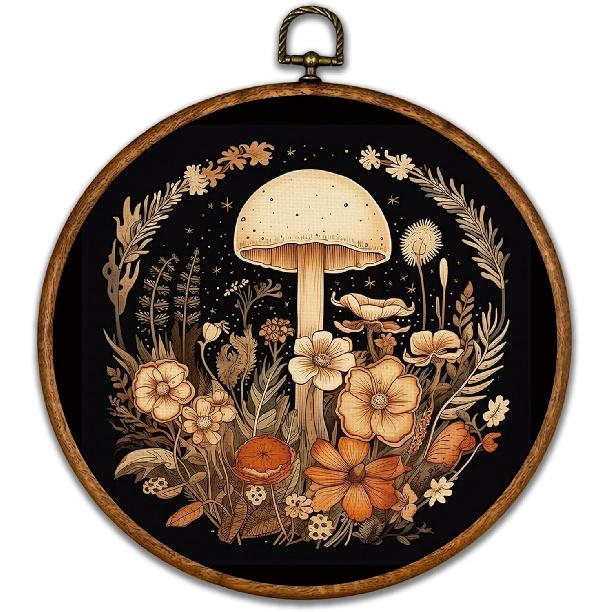 BCUANGD Vintage Mushroom Round Wall Art Decor - Retro Boho Botanical Wall Art Canvas Frame Artwork Prints, Neutral Cottagecore Round Wall Hanging