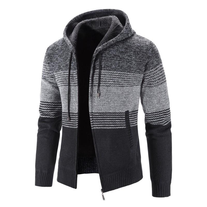 Men's Fleece Thickened Cardigan Sweater Large Size Jacket Hooded Color Matching Korean Version Knitted Sweater