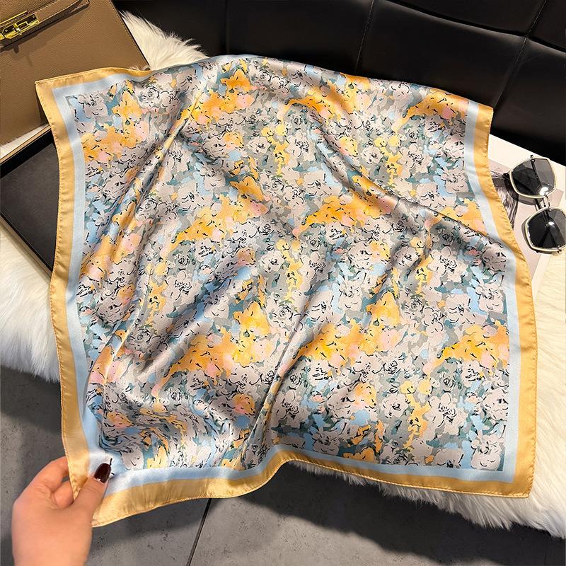French Light Luxury Floral Small Square Scarf Simulation Silk Printing Silk Scarf Headscarf Women's Spring and Summer Scarf Temperament Scarf Scarf N