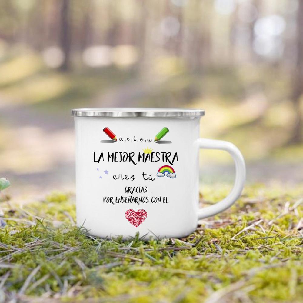 Best Teacher in The World Spanish Printed Mug Creative Coffee Cups Drinks Enamel Cup Vintage Handle Drinkware Gifts for Teacher