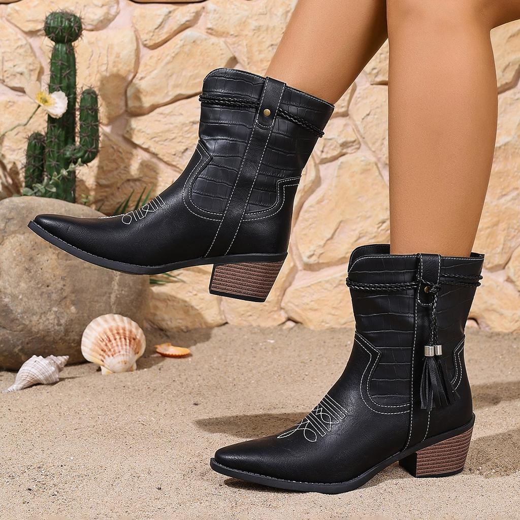 European and American  Embroidered Pointed Thick Heel Western Short Boots Women's Large Size Foot Set Thick Heel Fringed Short Fashion Leather Boots