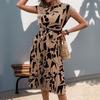 Printed round Neck Lace up Casual Dress Print round Neck Tied Dress