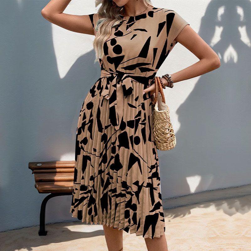Printed round Neck Lace up Casual Dress Print round Neck Tied Dress