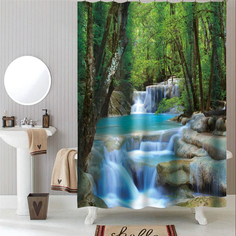 Misty Forest Nordic Style Shower Curtains Set With Hooks Waterproof Green Natural Landscape Home Decoration Bathroom Curtain New