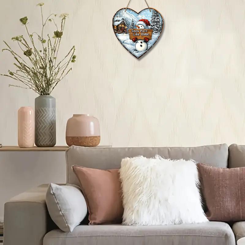 Rustic Wooden Christmas Sign with Snowman Pattern - Heart-shaped Navidad Sign for Front Doo, Wall Hanging Decor - Ideal Christmas Decoration