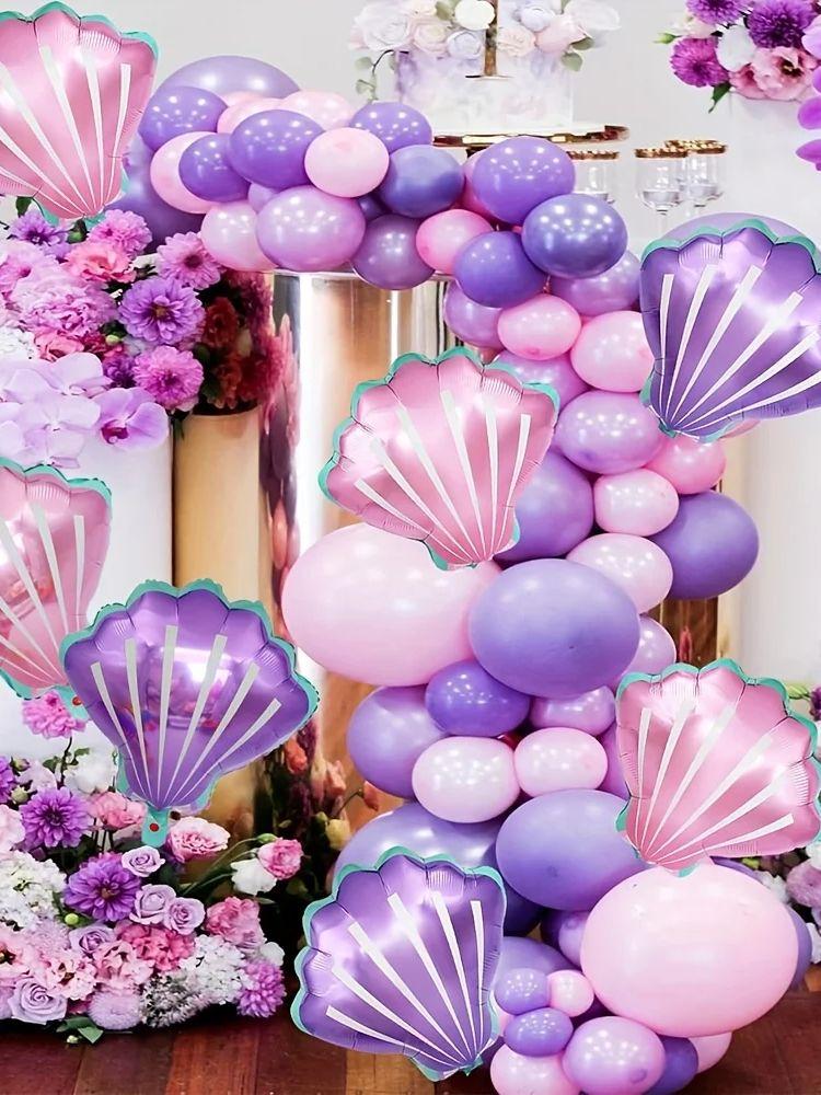 10-Pack of Shell-Shaped Aluminum Foil Balloons, 5 Mini Shell-Shaped Pink Balloons, 5 Mini Shell-Shaped Purple Balloons, Very Suitable for Birthday Pa
